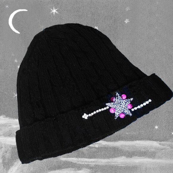 Accessories - Black Beanie with Star & Rhinestone-Embellished OOAK Acrylic Knit Cap Hat